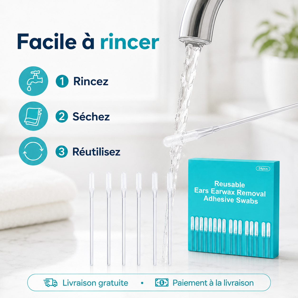 Bâtonnets Adhésifs Lavables pour l’Hygiène des Oreilles – Boîte de 24